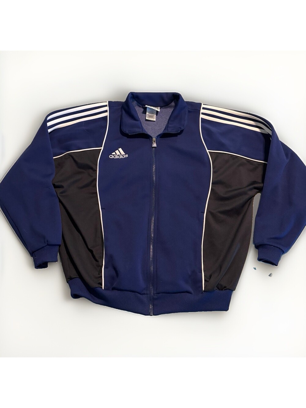 Vintage Y2K Adidas Track Jacket Mens L Blue Black White Piping Full Zip 3 Stripe
